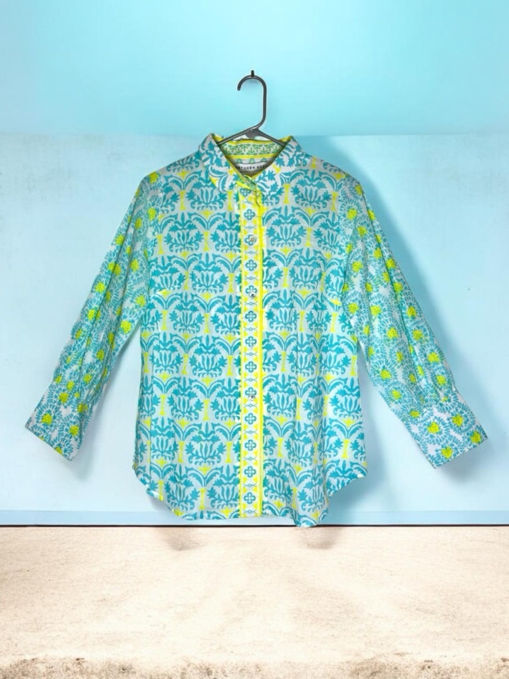Gretchen Scott Designs Women’s Blue & Yellow Patterned Button-Down Shirt Size S